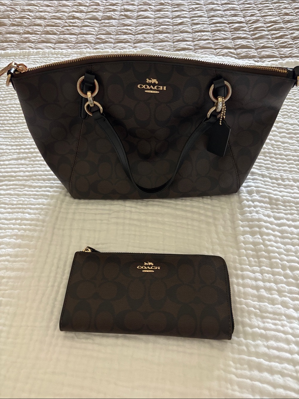 COACH Dark Brown Signature Tote with Matching Wallet